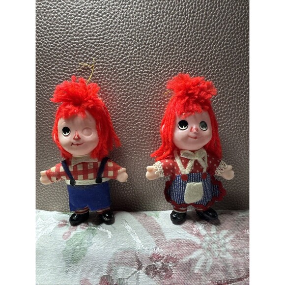 Vtg Raggedy Ann & Andy Style Set Of 2 Rag Doll Ornaments Japan Plastic Yarn Doll - Picture 4 of 8